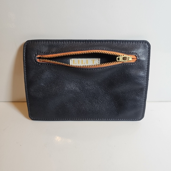 LILI T. Handmade Blue Leather Zip Wallet with Orange Pop (Front) Silver Pop Back